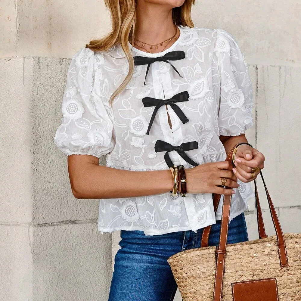 White Cute Women's Tie Collar Puff Sleeve Bow Decor Waist Slim Fit Shirt